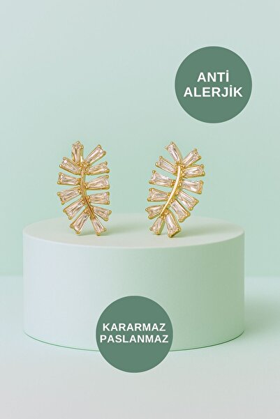 ALEXANDER HUD Antialerjik Suya Dayanıklı Kararmaz Kadın Gece ve Günlük Gold Kristal Yaprak Taşlı Büyük Küpe