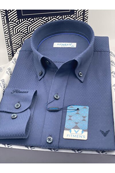 Fitmens Slim Fit Long Sleeve Diamond Pattern Sleeve Embroidered Collar Buttoned Stylish Men's Shirt with Gift Box Fs-004200 -