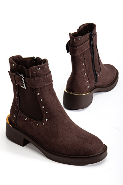 RİSSOLİ Γυναικείες μπότες με φερμουάρ με λεπτομέρεια με πόρπη και καρφίτσες από καφέ σουέντ