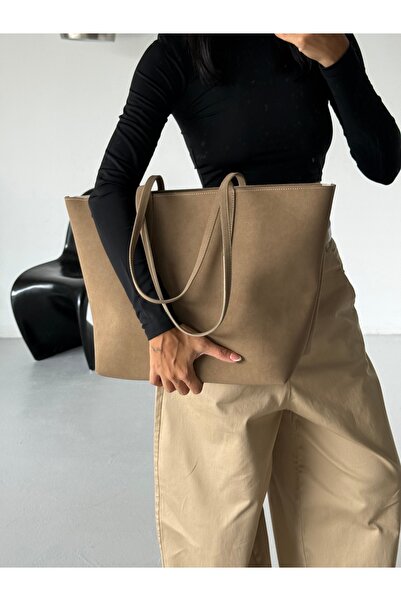 NBİBAGS Women's Zippered Double Handle Shopper Shoulder Bag Sable