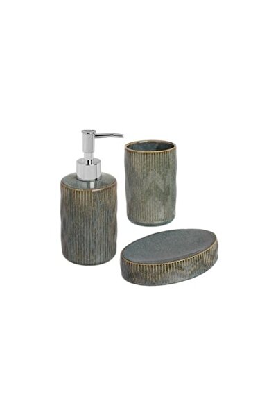 OEM Ceramic Bathroom Set "Green Purle" with Beige Stripe - 3 Pieces