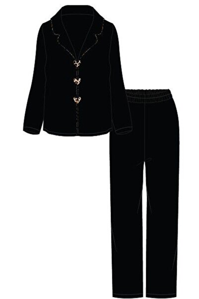 koza iç giyim Kadın Yumuşak Dokulu Leopar Desenli Fiyonklu Uzun Kollu Gömlek Yaka Pijama Takımı