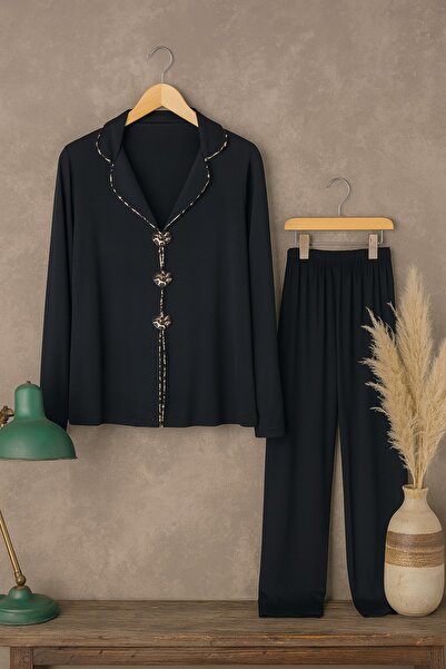 koza iç giyim Kadın Yumuşak Dokulu Leopar Desenli Fiyonklu Uzun Kollu Gömlek Yaka Pijama Takımı