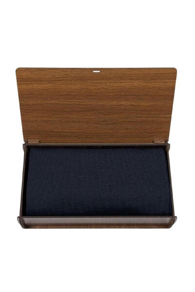 1001 Kravat Navy Blue Double Layer Plain Men's Scarf in Wooden Gift Box