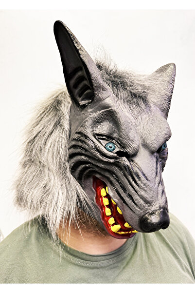 Skygo Kafaya Tam Geçmeli Lateks Mavi Gözlü Dişli Ağzı Açık Kurt Maskesi