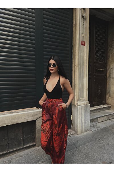 Bak'ap Pantaloni largi din satin cu model abstract premium pantaloni palazzo