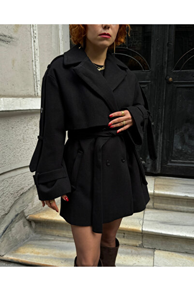 Bak'ap Premium Short Cashmere Coat Jacket with Epaulettes and Tie Detail