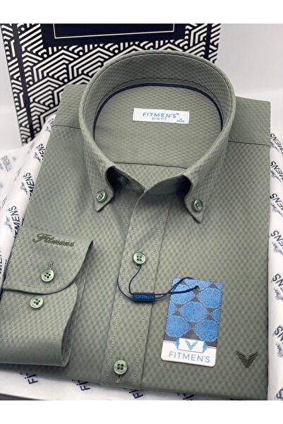 Fitmens Slim Fit Long Sleeve Diamond Pattern Sleeve Embroidered Collar Buttoned Stylish Men's Shirt with Gift Box Fs-004200 -