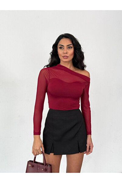 hazelin Bluză elegantă și confortabilă pentru femei, din tul burgundy, cu mâneci lungi cu secțiuni HZL25W-FRY123541