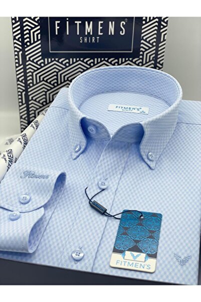 Fitmens Slim Fit Long Sleeve Diamond Pattern Sleeve Embroidered Collar Buttoned Stylish Men's Shirt with Gift Box Fs-004200 -