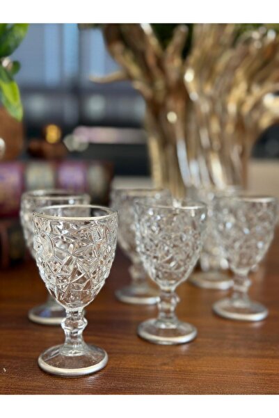 atabey home 6 Pieces Coffee or Water Glass Crystalized Model - Silver Detail 80 ml 10 cm