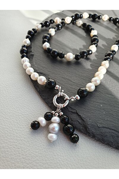 Abundo Black onyx and cultured pearl necklace with 925 silver, 58 cm