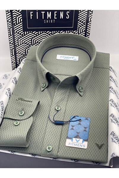 Fitmens Slim Fit Long Sleeve Diamond Pattern Sleeve Embroidered Collar Buttoned Stylish Men's Shirt with Gift Box Fs-004200 -