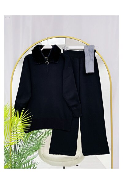 YEDİLALE Double Knitwear Set with Fur Collar and Zipper