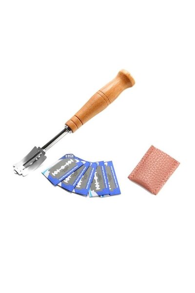 Edman cuțit pentru modelat pâine și produse de patiserie, 18 cm, mâner din lemn, 5 lame de rezervă, teacă din piele, maro