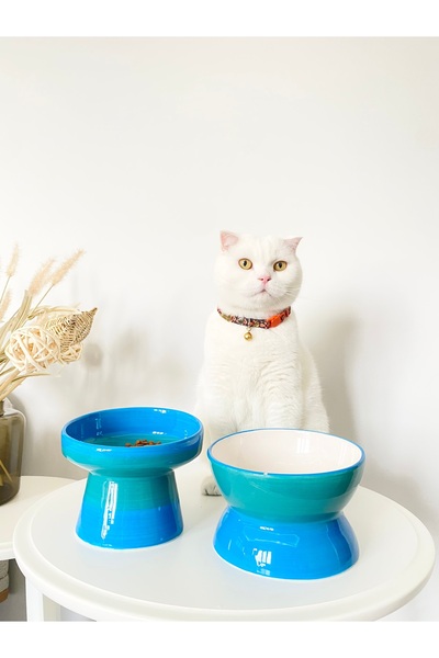 stilinbu Seramik Kedi ve Köpek Mama Su Kabı Luna-Ayaklı model 2'Lİ (TURKUAZ)