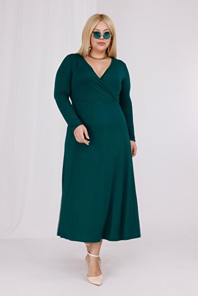 Madwilo Women's Emerald Green Double-Breasted Collar Plus Size Stretchy Maxi Dress
