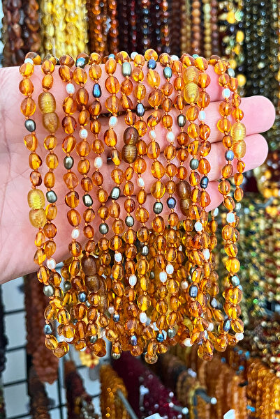 İpek Kehribar Certified Amber Baby Necklace - Caramel Color, Pearl Detail, Flat Amber Necklace Silk-349