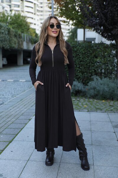 QİMYA BUTİK Buketli̇ Women's Zippered D Mock Neck Side Two Pockets Slit Pocke...