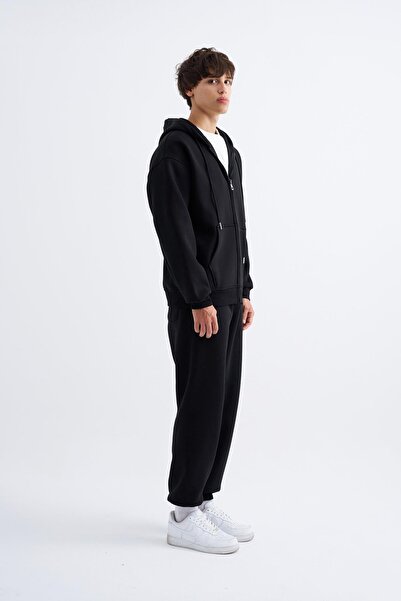 Machinist Erkek Basic Fermuarlı Cepli Kapüşonlu Oversize Siyah Sweatshirt