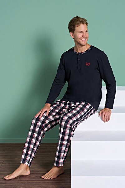 OMODAM Men's Long Sleeve Collared Buttoned Single Jersey Combed Cotton Pajama Set (100% Cotton)