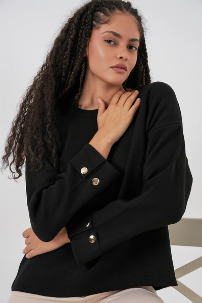 Bigdart Damen Oversize-Strickpullover mit Manschettenknöpfen 15981 – Schwarz