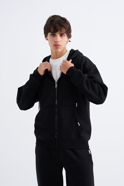 Machinist Ανδρικό μπλουζάκι με φερμουάρ με κουκούλα oversized μαύρο φούτερ