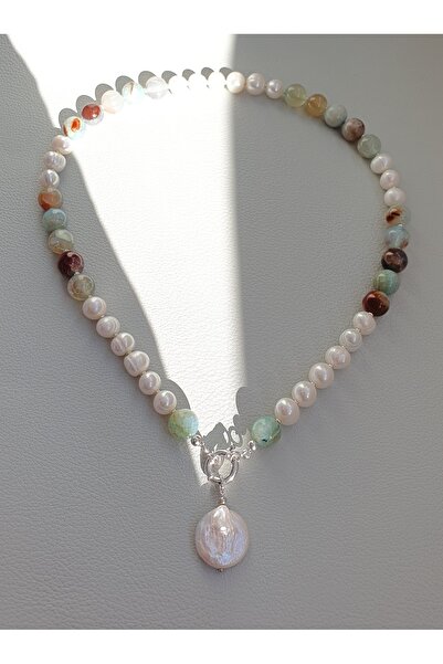 Abundo Crackle agate and cultured pearl necklace with 925 silver, 50 cm