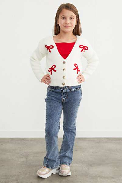 Fulla Moda Bow Embroidered V-Neck Girls' Cardigan