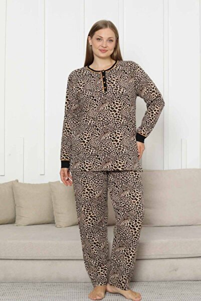 ALİMER Plus Size Women's Pajama Set - Leopard Print Long Sleeve Stretch Fabric Cotton 2880Ukb