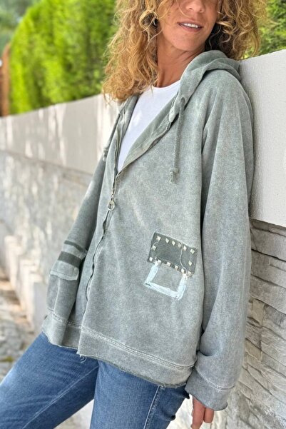 Güneşkızı Italian Khaki K Hooded Zippered Washable Foil B Printed Suede Casual Sweatshirt 65 55