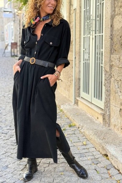 Güneşkızı İtalyan Siyah Cepli Yırtmaçlı Kemerli Kadife Safari Elbise 130 60