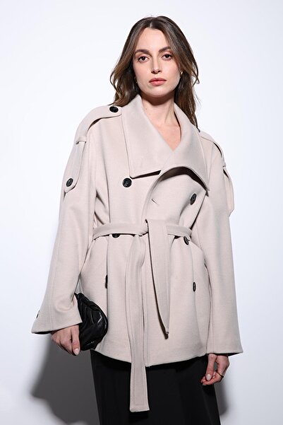 Antioch Beige Mock Neck Double-Breasted Women's Coat