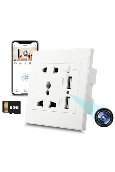 iUni Cameră spion PR2 universală cu priză de perete, Wi-Fi, 8GB, Full HD, 2 porturi USB-A