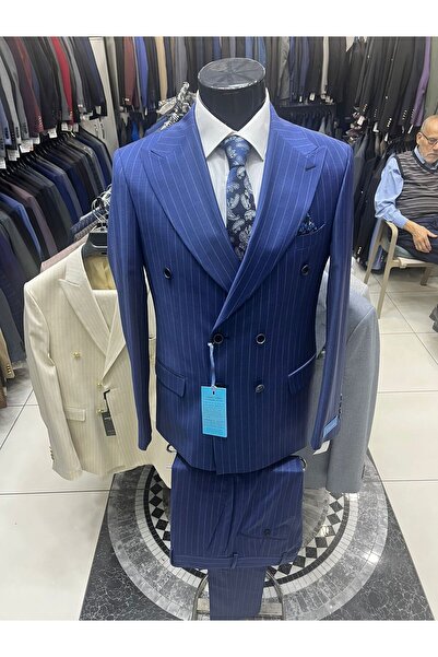 MASSARO %100 Wool %100 Quality, Men's K Double-Breasted Flafi̇l Striped Suit