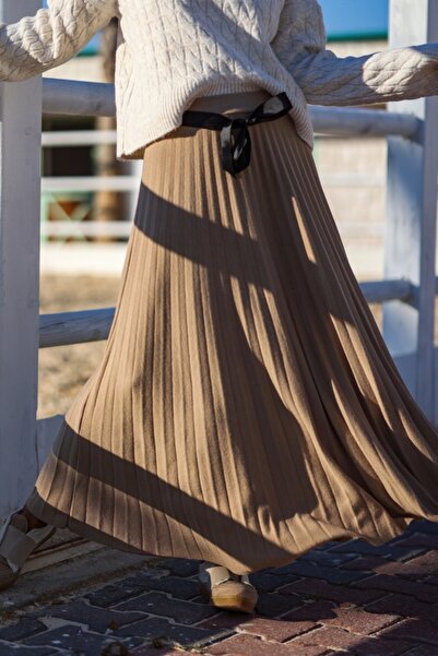 Güneşkızı Fusta evazată din amestec de lână, cu centură, cu pliuri, cu talie elastică, bej italian 90 35