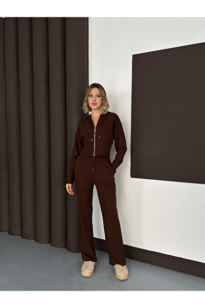 LE CARAMBOLE Жіночий коричневий капюшон з тканини Селонік, брюки, верхній комплект