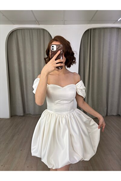 berissima bride Balon Etek Düşük Kol Kalp Yaka Saten After Elbise Anastasia