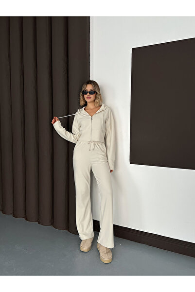 LE CARAMBOLE Women's Stone Thessaloniki Fabric Hooded Cardigan Pants Bottom Top Set