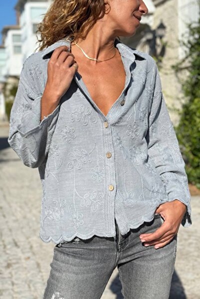 Güneşkızı Сіра сорочка з вишитим візерунком та облямованим низом 60 50