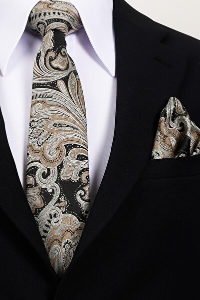 Esgue 8 cm Hand Made Black - Beige Patterned Handkerchief Tie