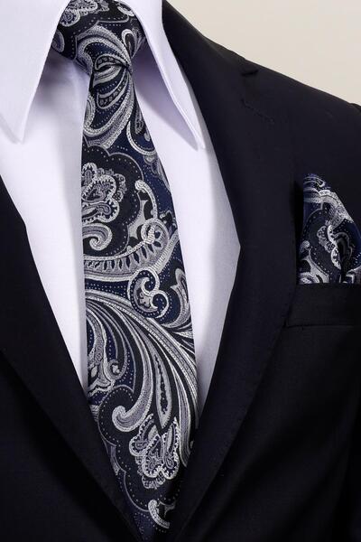 Esgue 8 cm Hand Made Navy Blue - Gray Patterned Handkerchief Tie