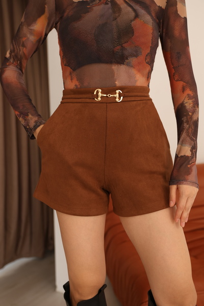 MOVİMENT Brown Suede Buckle Belt Detailed Mini Shorts