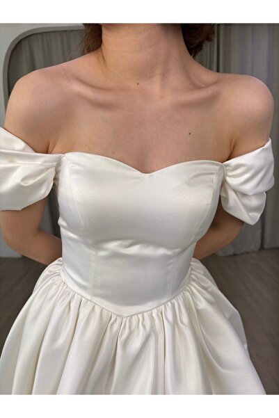 berissima bride Balon Etek Düşük Kol Kalp Yaka Saten After Elbise Anastasia