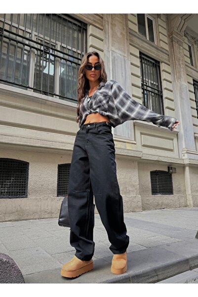 Lila Moda Washed Baggy Wide Leg High Waist Jeans with Buckle on the Belt