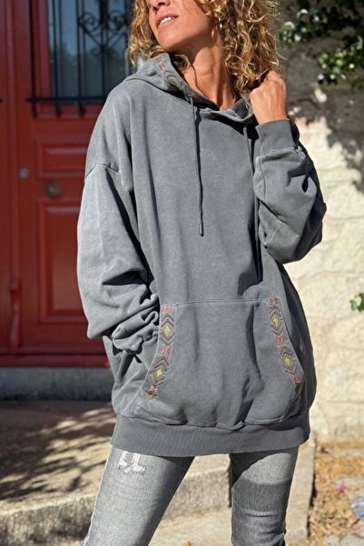 Güneşkızı Anthracite Hooded Kangaroo Pocket Ethnic Detailing Two-Thread Casual Sweatshirt 80 55
