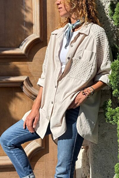 Güneşkızı Italian Beige Pocketed Embroidered Velvet Casual Shirt 85 70
