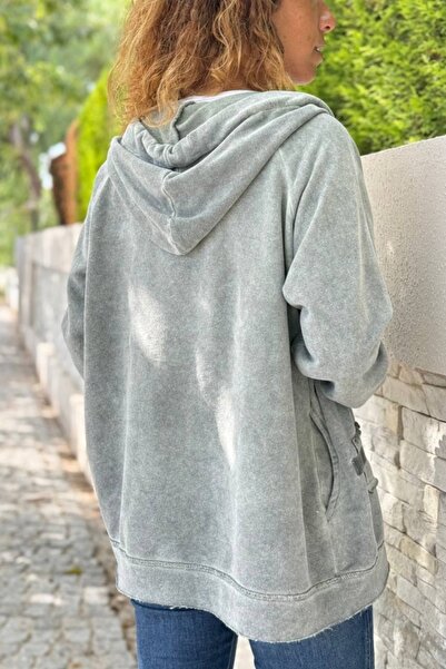 Güneşkızı Italian Khaki K Hooded Zippered Washable Foil B Printed Suede Casual Sweatshirt 65 55