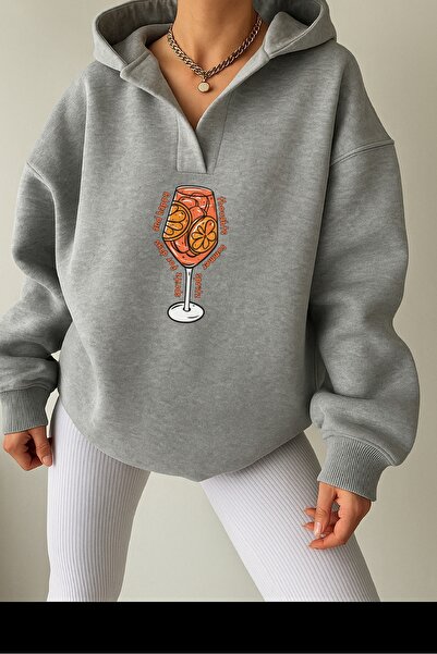 Deocept Unisex Gray V-Neck Hooded Printed Oversized Sweatshirt