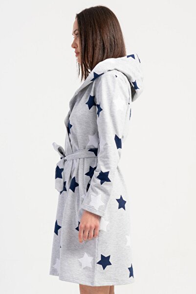 REN Women's cotton hooded long sleeve short 2-thread robe, star b Printed waist-tied, pocketed